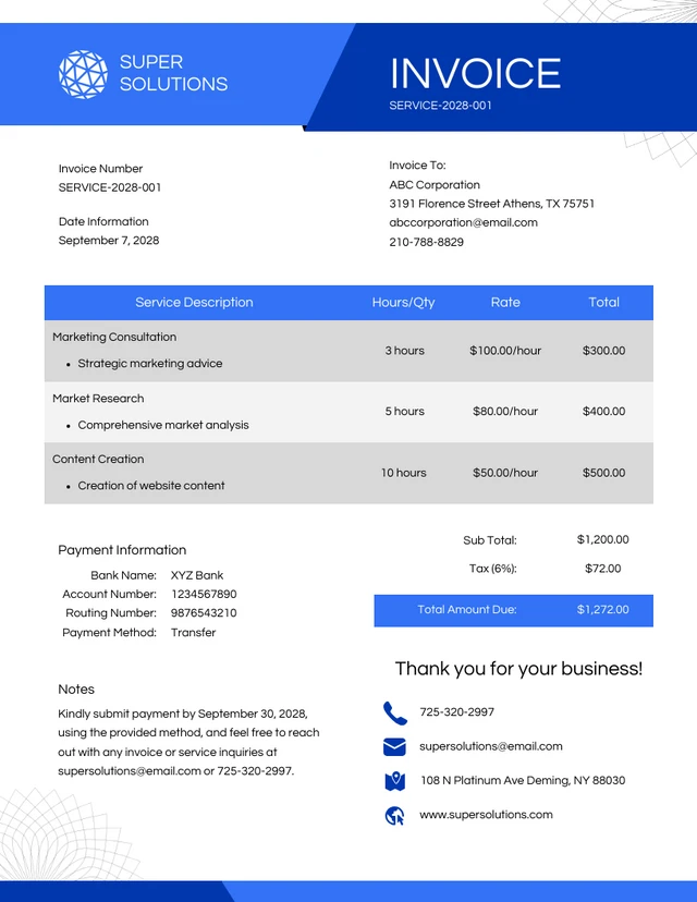 Professional Blue Service Invoice Template