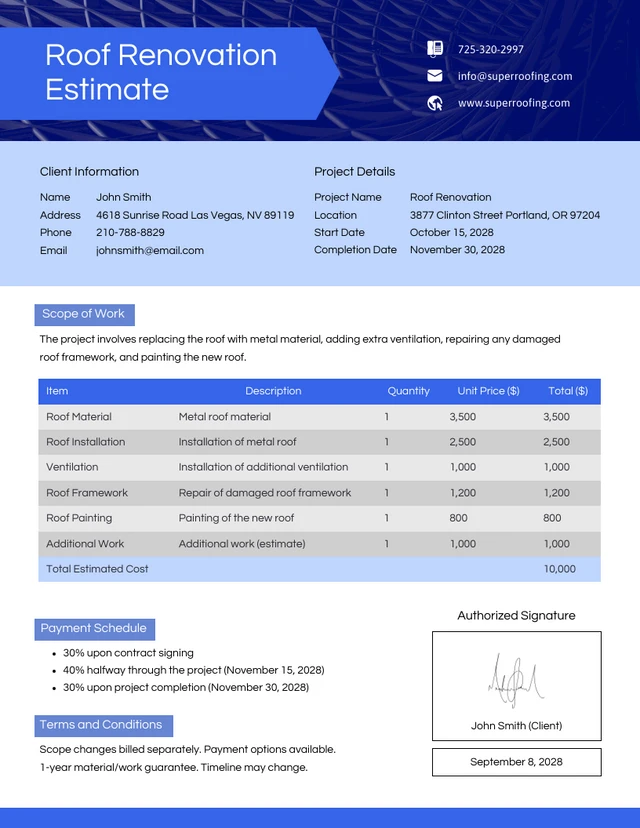 Simple Blue Roof Estimate Template