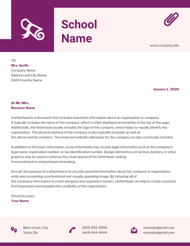 White And Purple Minimalist School Letterhead Template
