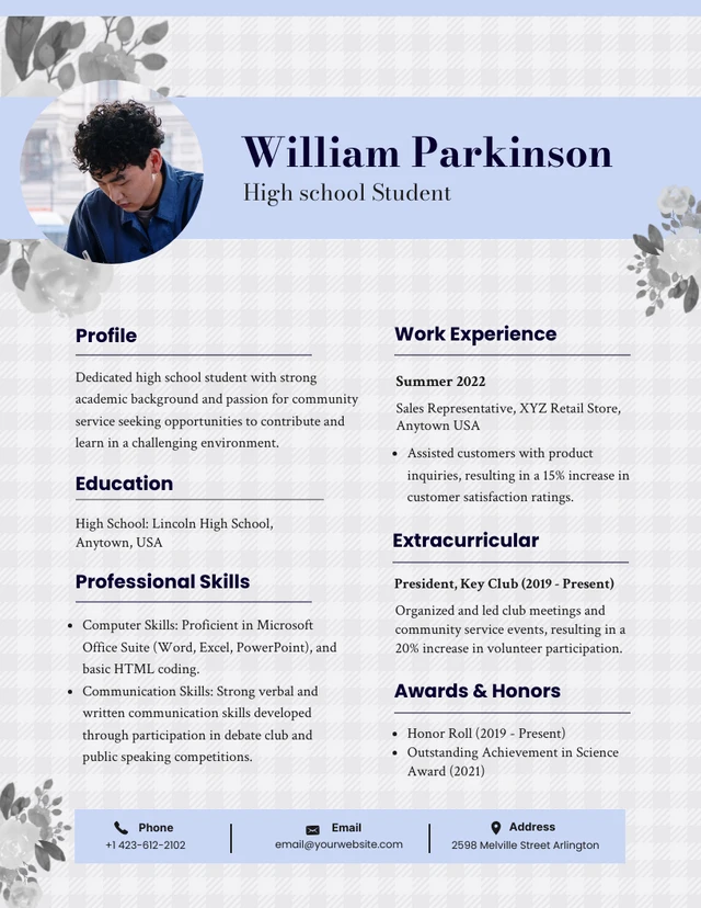 Neutral Purple Flower High School Resume Template
