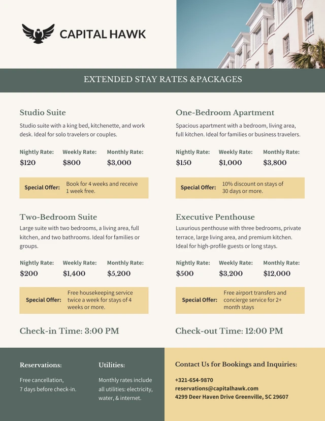 Hotel Extended Stay Price List Template