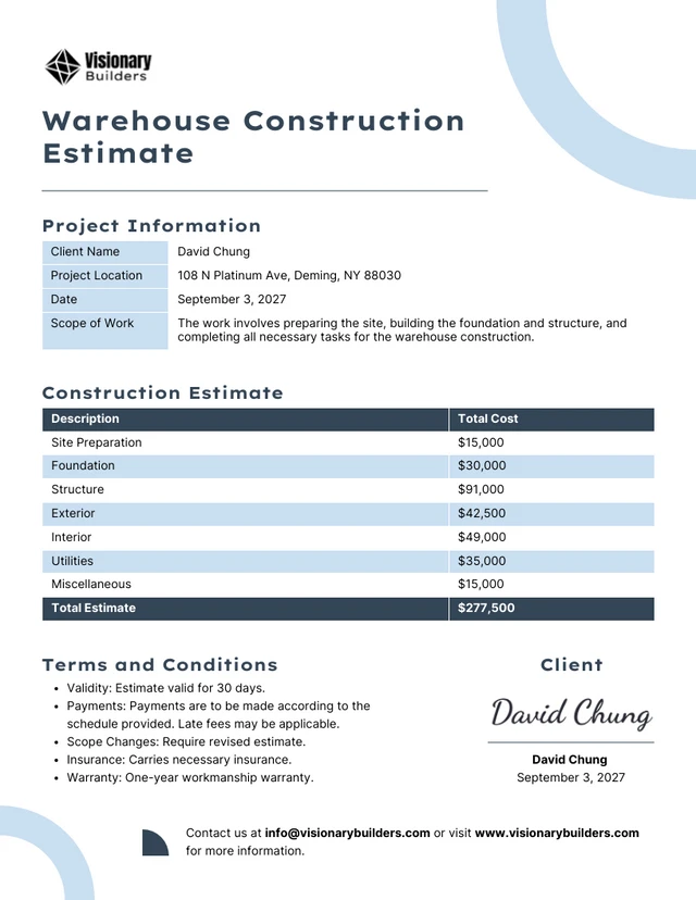 Warehouse Construction Estimate Template