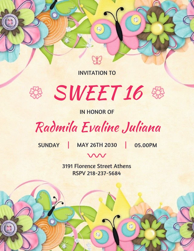 Light Yellow Classic Sweet 16 Invitation Template