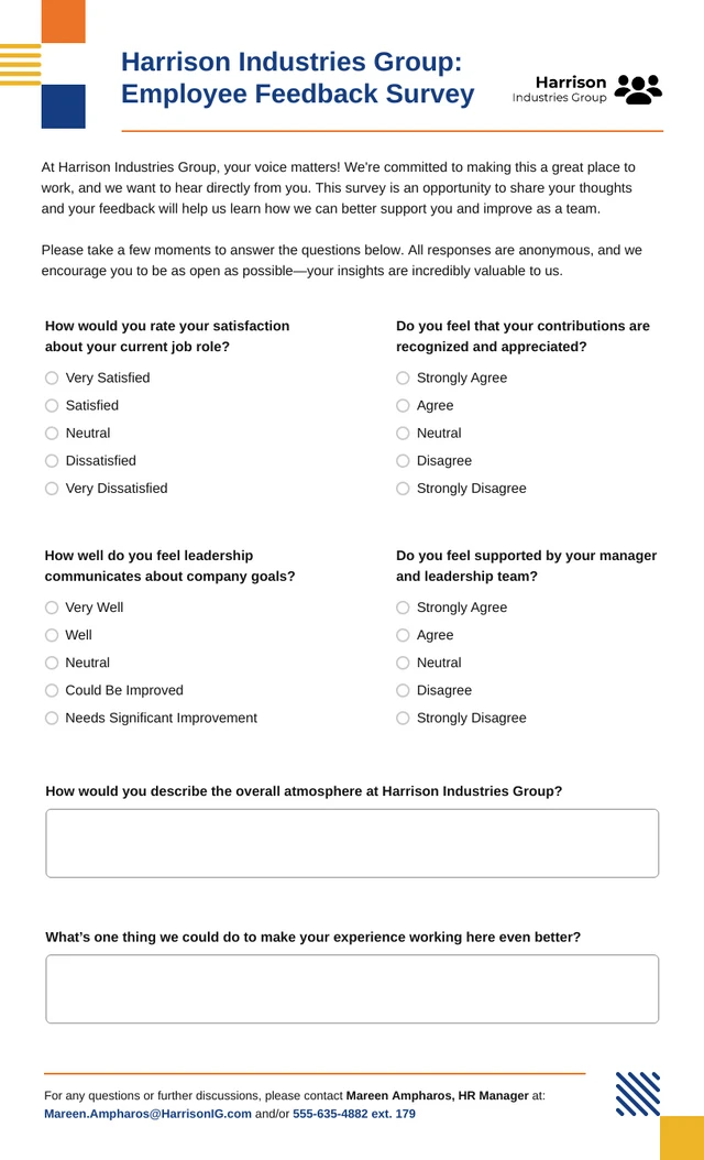 Online Employee Feedback Survey Form Template