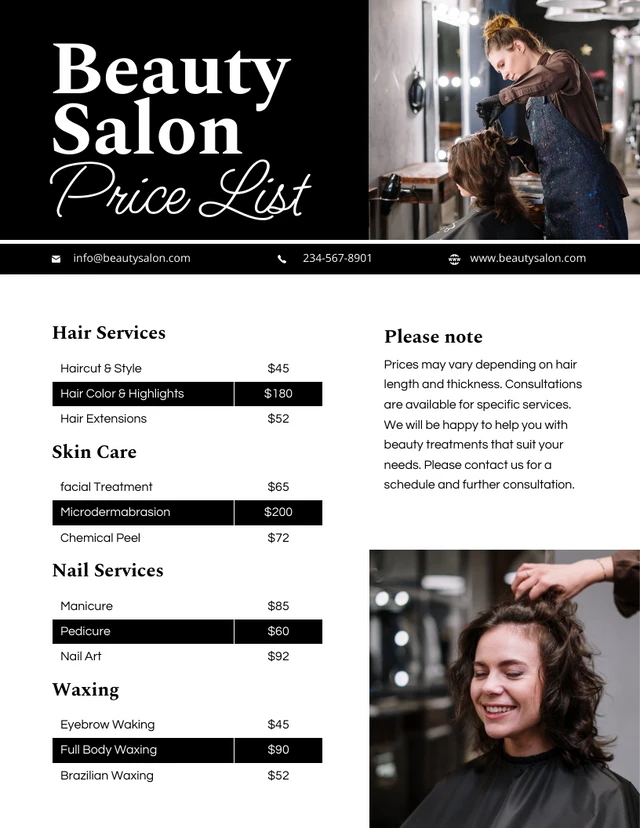 Elegant Minimalist Black and White Beauty Salon Price Lists Template