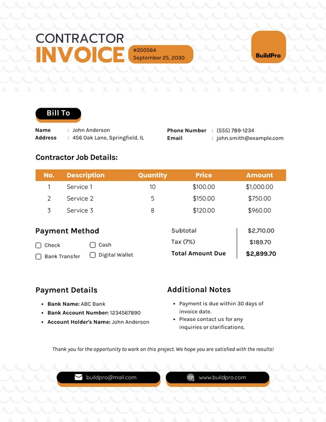 Orange and White Minimalist Contractor Invoice Template