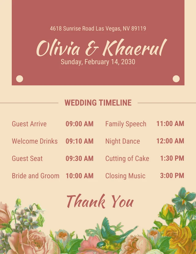 Light Brown Vintage Wedding Timeline Schedule Template