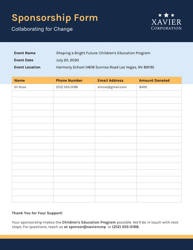 Blue and Orange Minimalist Sponsorship Form Template