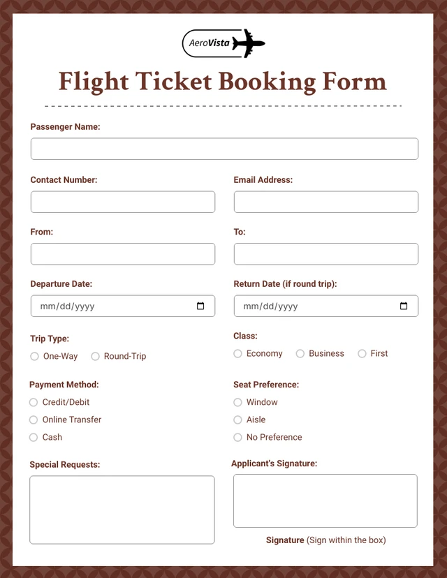 Simple Clean White and Brown Booking Form Template