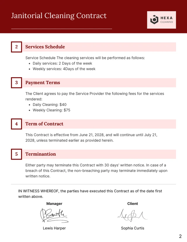 Janitorial Cleaning Contract Template - Page 2