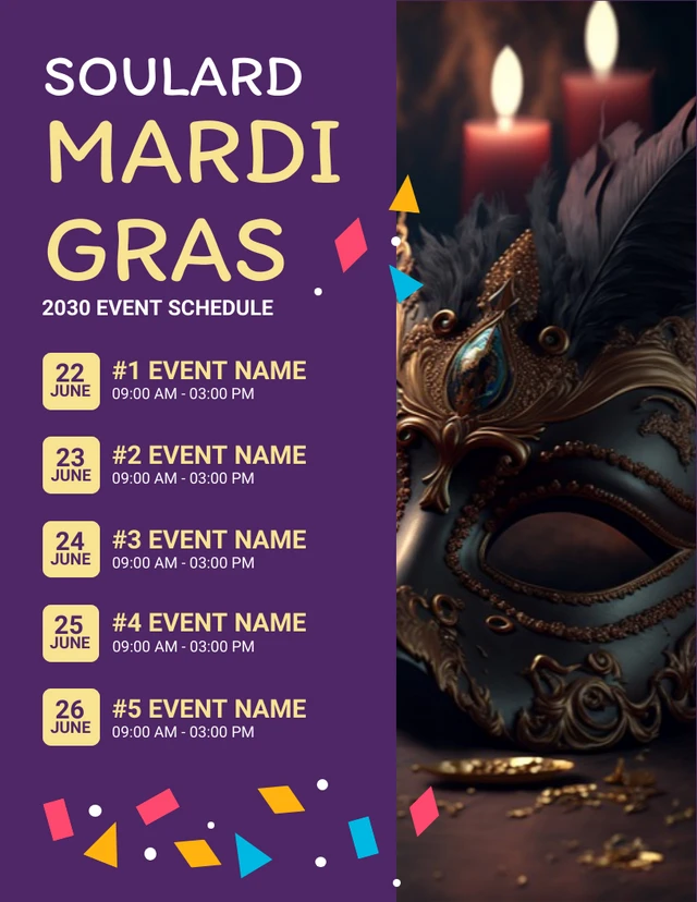 Purple Modern Creative Illustration Mardi Gras Event Schedule Template