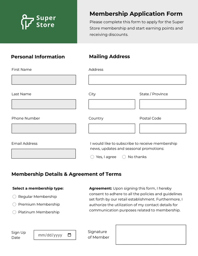 Grey and Green Simple Membership Application Form Template