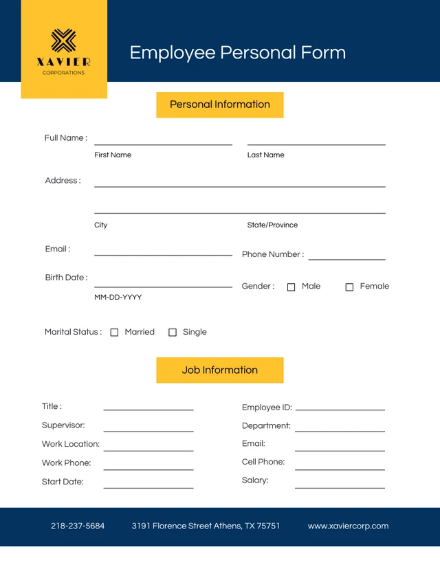 Navy Blue and Yellow Employee Personal Forms Template