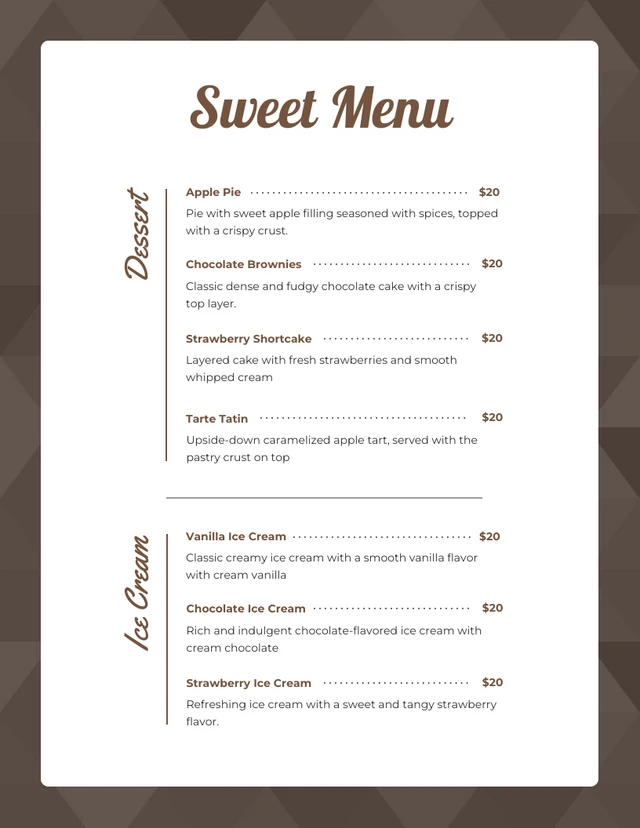 Dark Brown Minimalist Geometric Dessert Menu Template