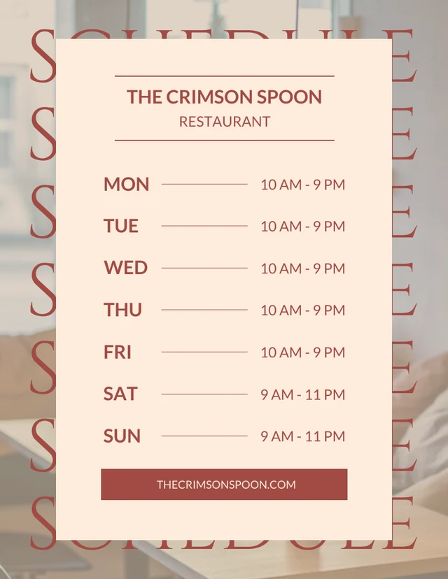 Cream Restaurant Open Schedule Template