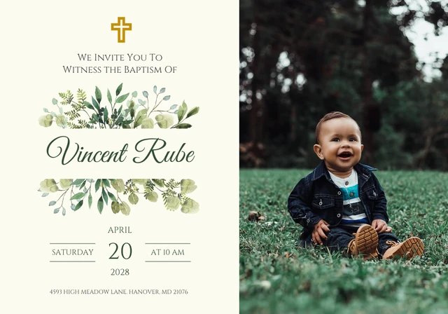 Cream and Green Floral Baptism Card Template
