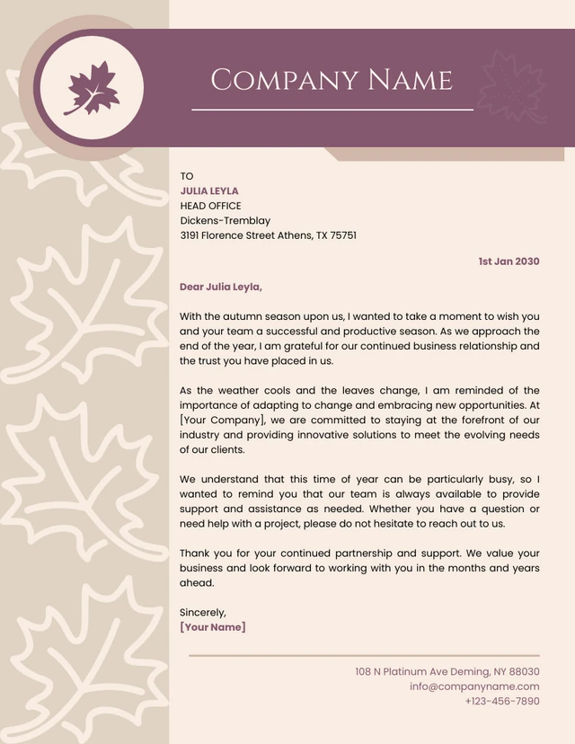 Beige And Dark Purple Classic Business Autumn Letterhead
