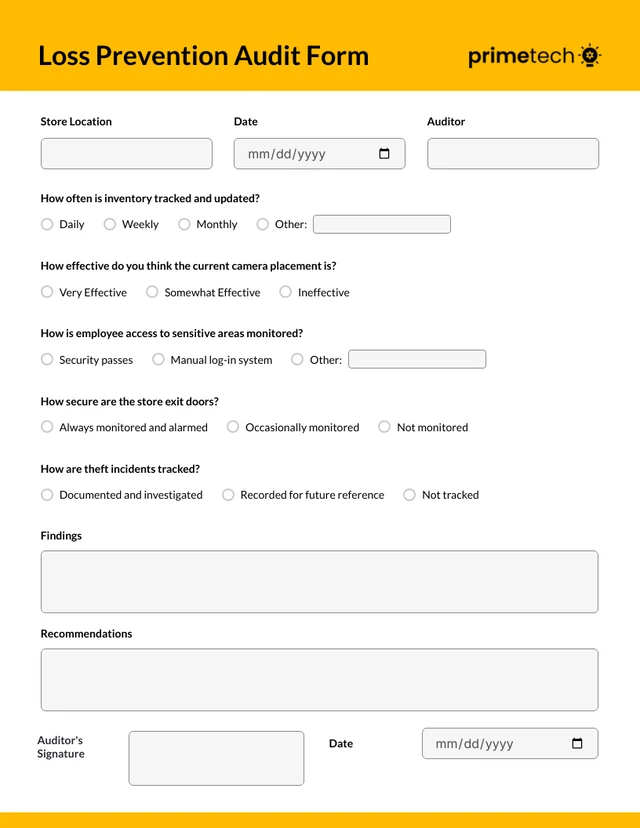 Simple Yellow Loss Prevention Audit Form Template