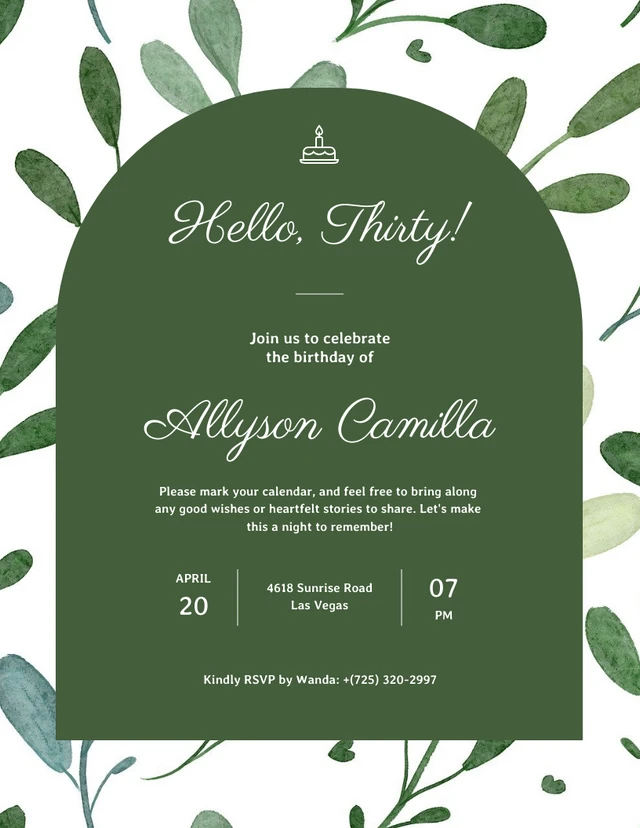 White and Green Watercolor 30th Birthday Invitations Template