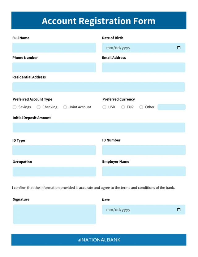 Modern Blue Account Registration Banking Form Template