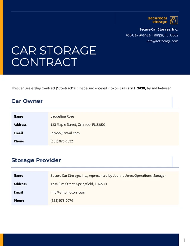 Car Storage Contract Template - Page 1