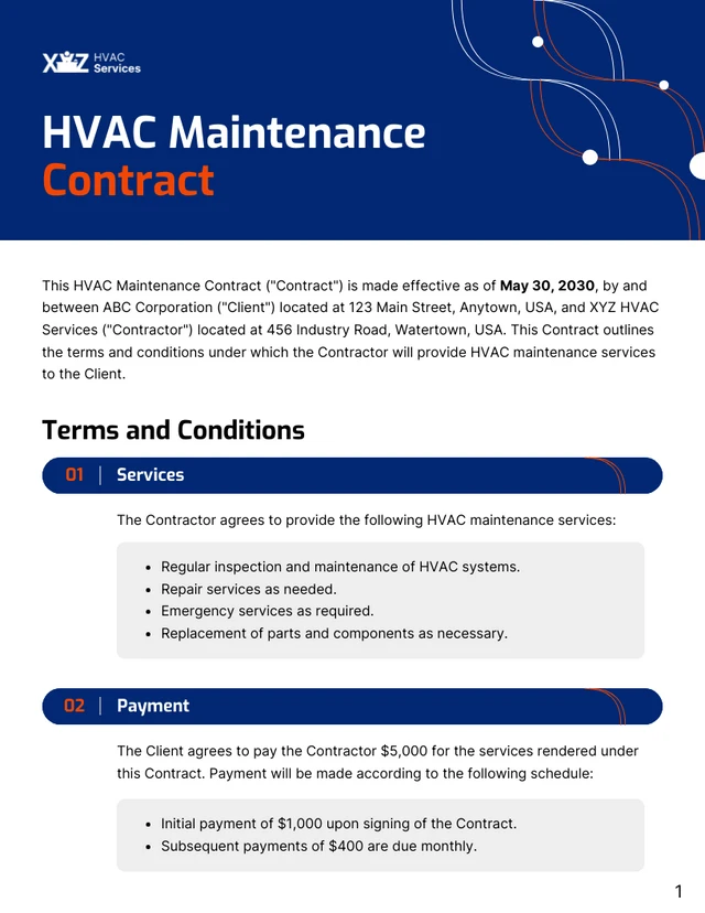 HVAC Maintenance Contract Template - Page 1