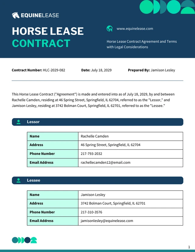 Horse Lease Contract Template - Page 1