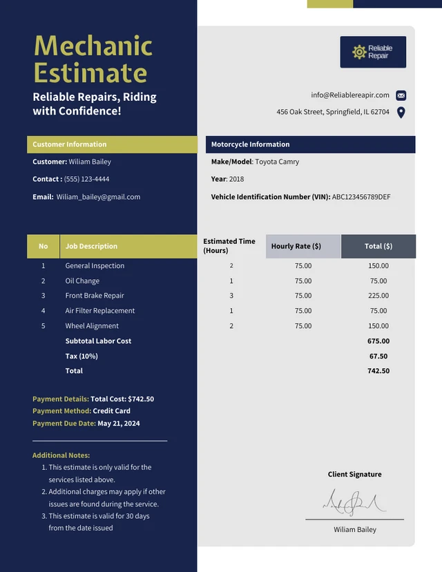 Mechanic Estimate Template