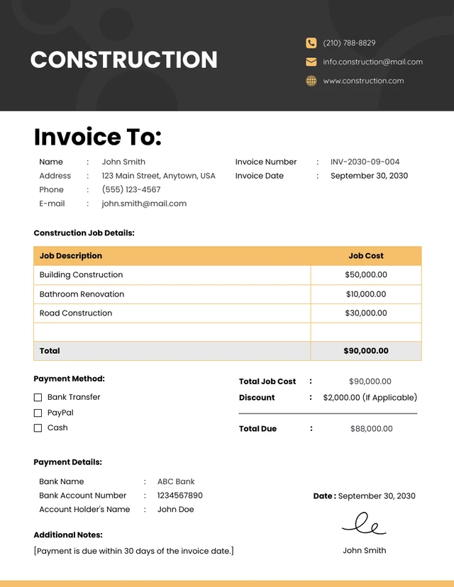 Black and Yellow Simple Construction Invoice Template