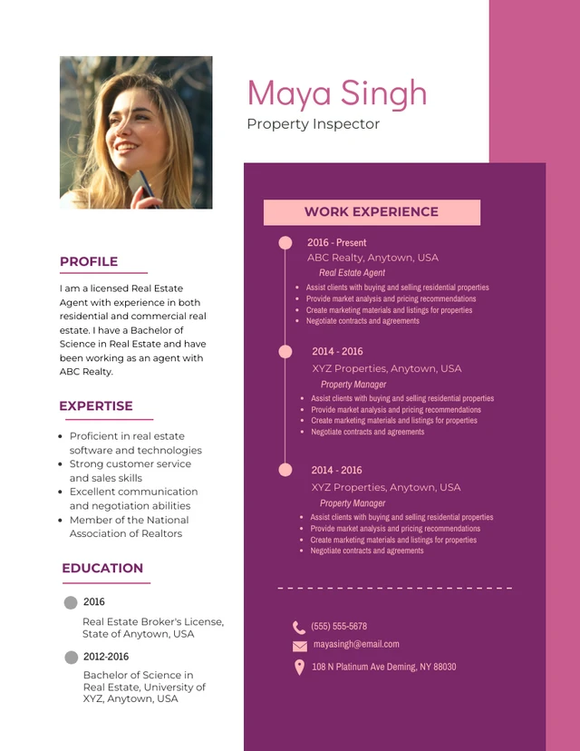 Pink And Purple Simple Professional Real Estate Resume Template
