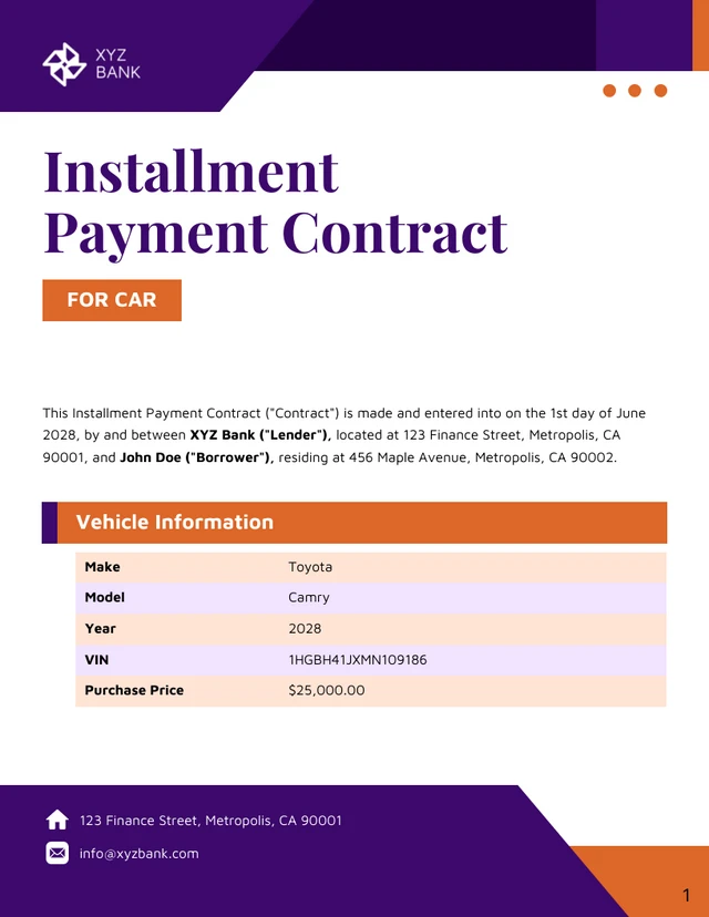 Installment Payment Contract for Car Template - Page 1