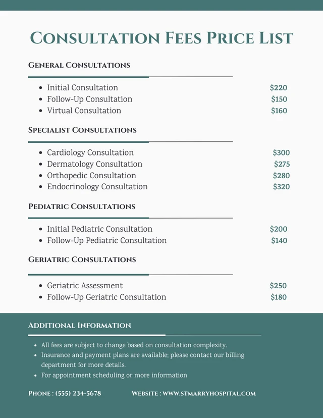 Consultation Fees Price List Template