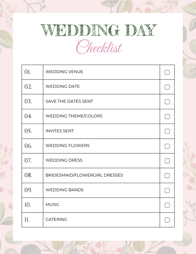 Pink Rose Wedding Checklist