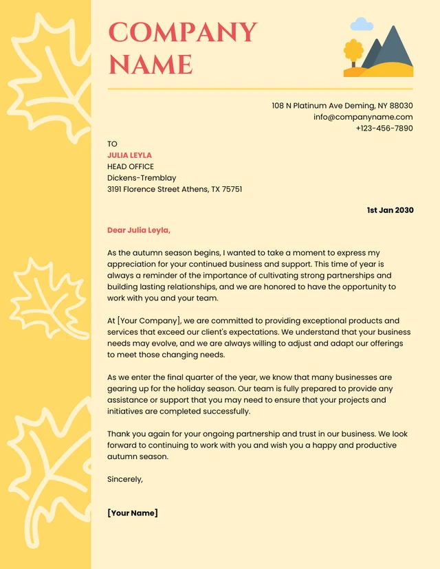 Yellow Modern Illustration Business Autumn Letterhead
