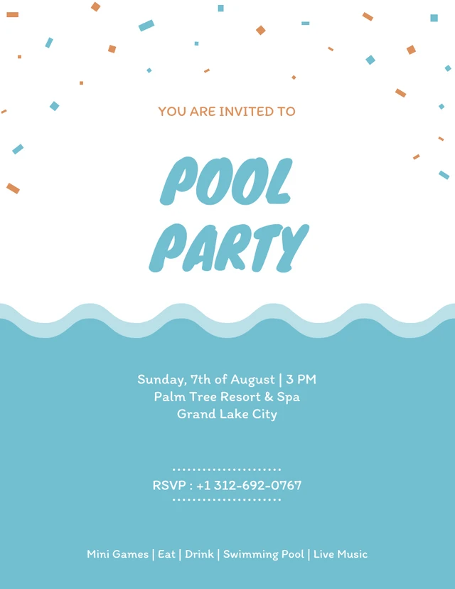 Minimalist White Blue Wave And Ribbon Pool Party Invitation Template