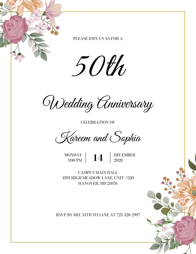 Modern Black and Gold Wedding 50th Anniversary Invitation Template