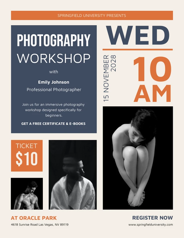 Collage Blue and Orange Photography Workshop Flyer Template
