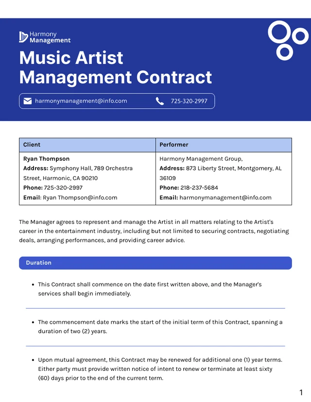 Music Artist Management Contract Template - Page 1