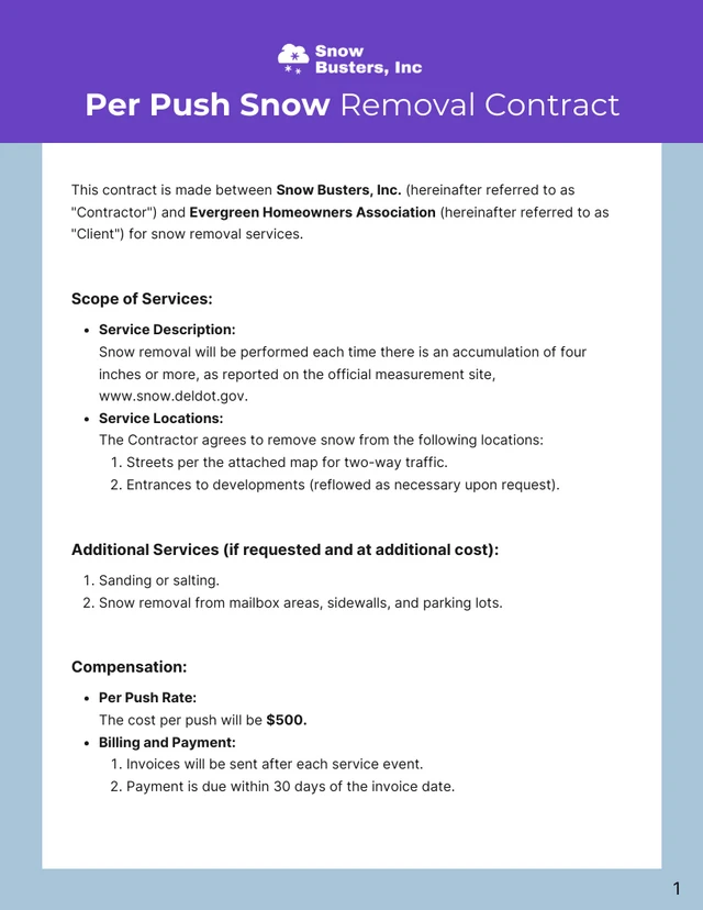 Per Push Snow Removal Contract Template - Page 1