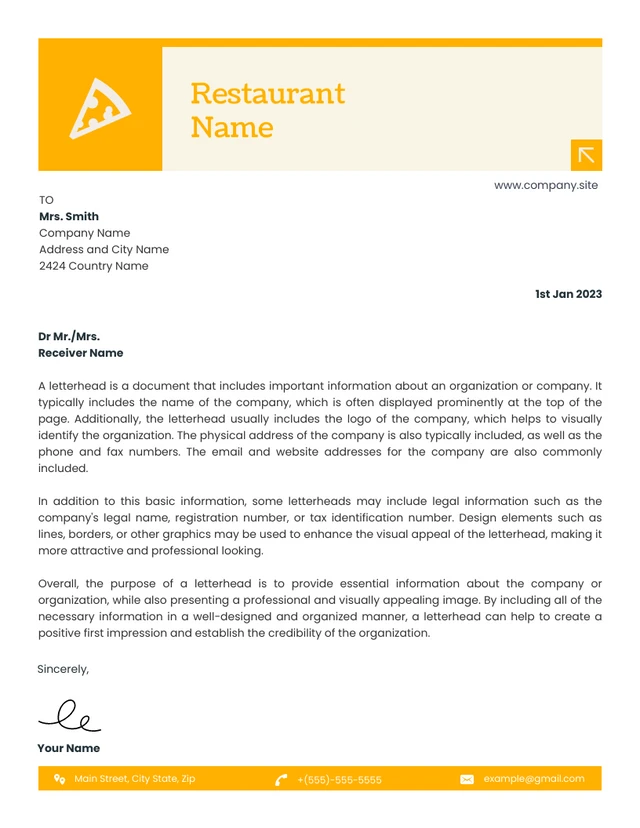 White And Yellow Clean Restaurant Letterhead Template
