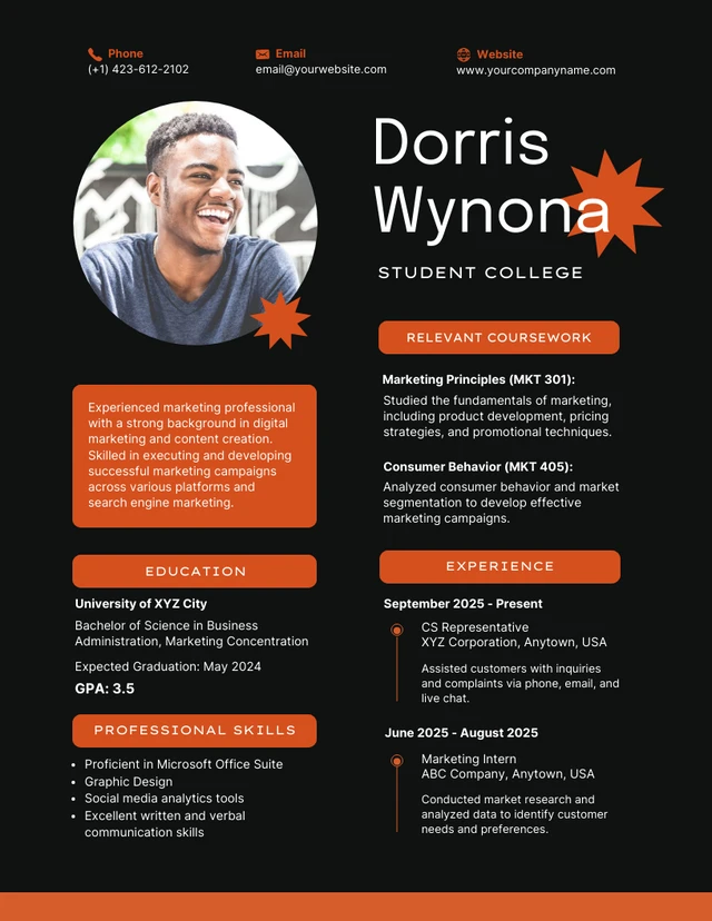 Black and Orange College Student Resume Template
