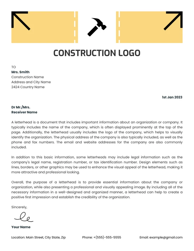 White And Yellow Simple Professional Construction Letterhead Template
