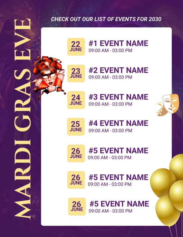 Purple Modern Mardi Gras Event Schedule Template