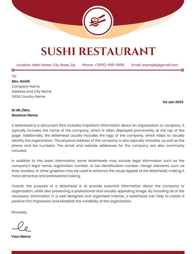 White Modern Sushi Restaurant Letterhead Template
