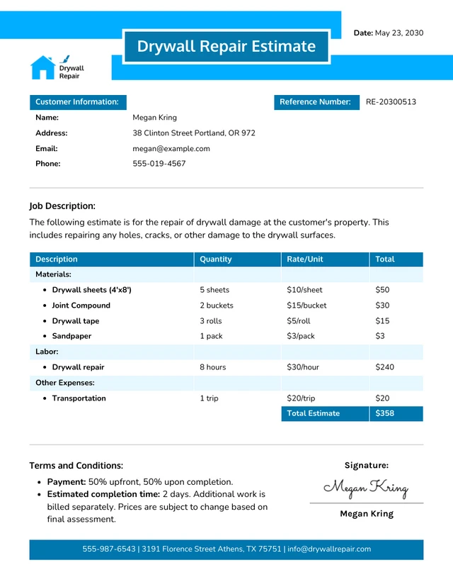 Drywall Repair Estimate Template