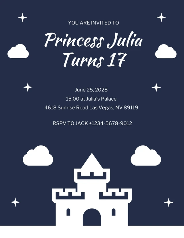 Navy And White Minimalist Playful Illustration Castle Princess Invitation Template