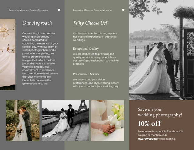 Grey Brown and Green Earth Tone Wedding Tri Fold Brochure - Page 2