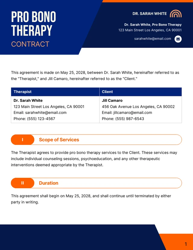 Pro Bono Therapy Contract Template - Page 1