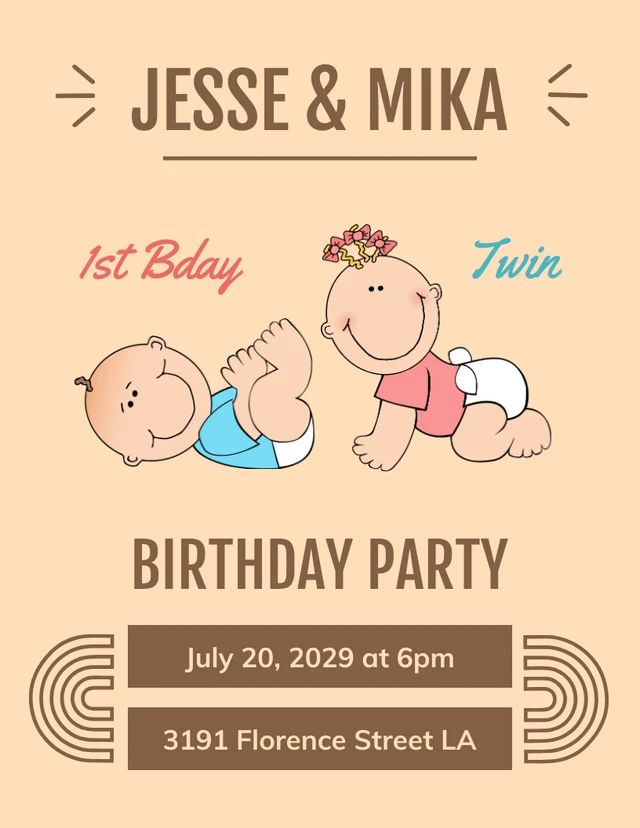 Brown Cute Illustration Baby 1st Birthday Party Invitation Template