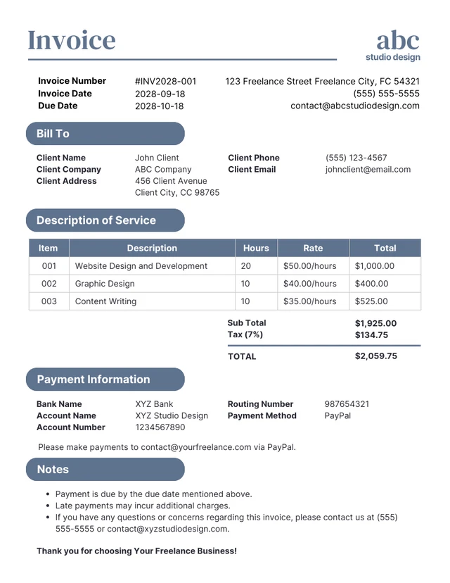 Simple Blue Freelance Invoice Template